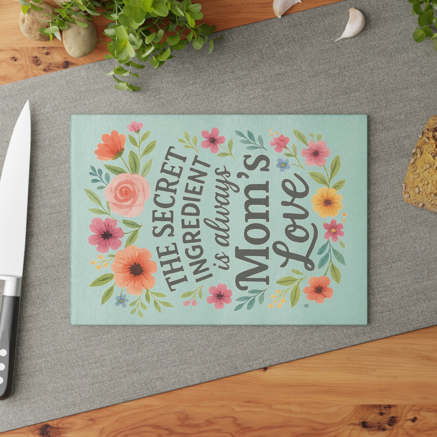 Floral Glass Cutting Board - "The Secret Ingredient is Always Mom's Love"