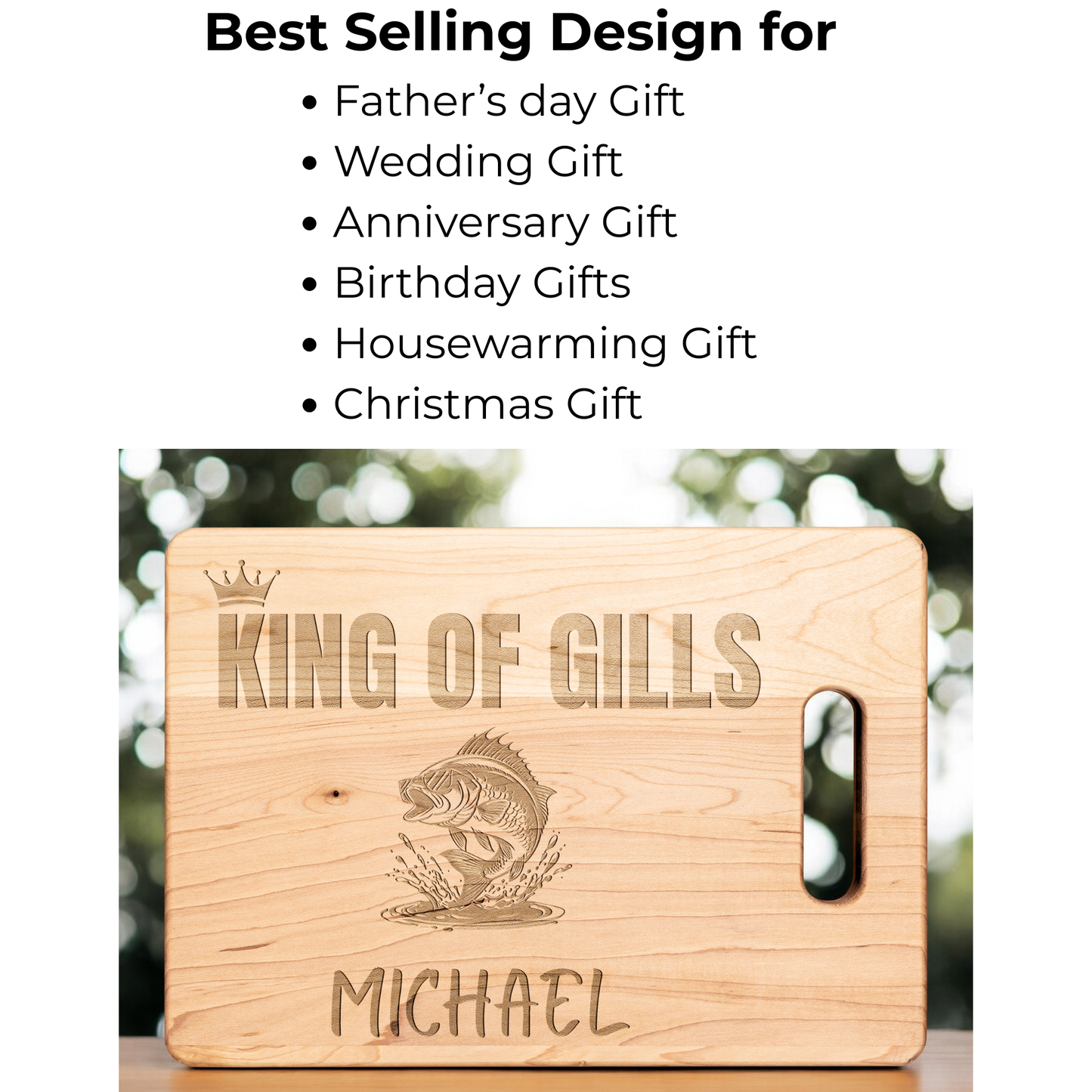 Personalized Fishing Cutting Board – King of the Gills Gift for Fisherman – Funny Maple Board for Dad, Grandpa, Husband, or Cook