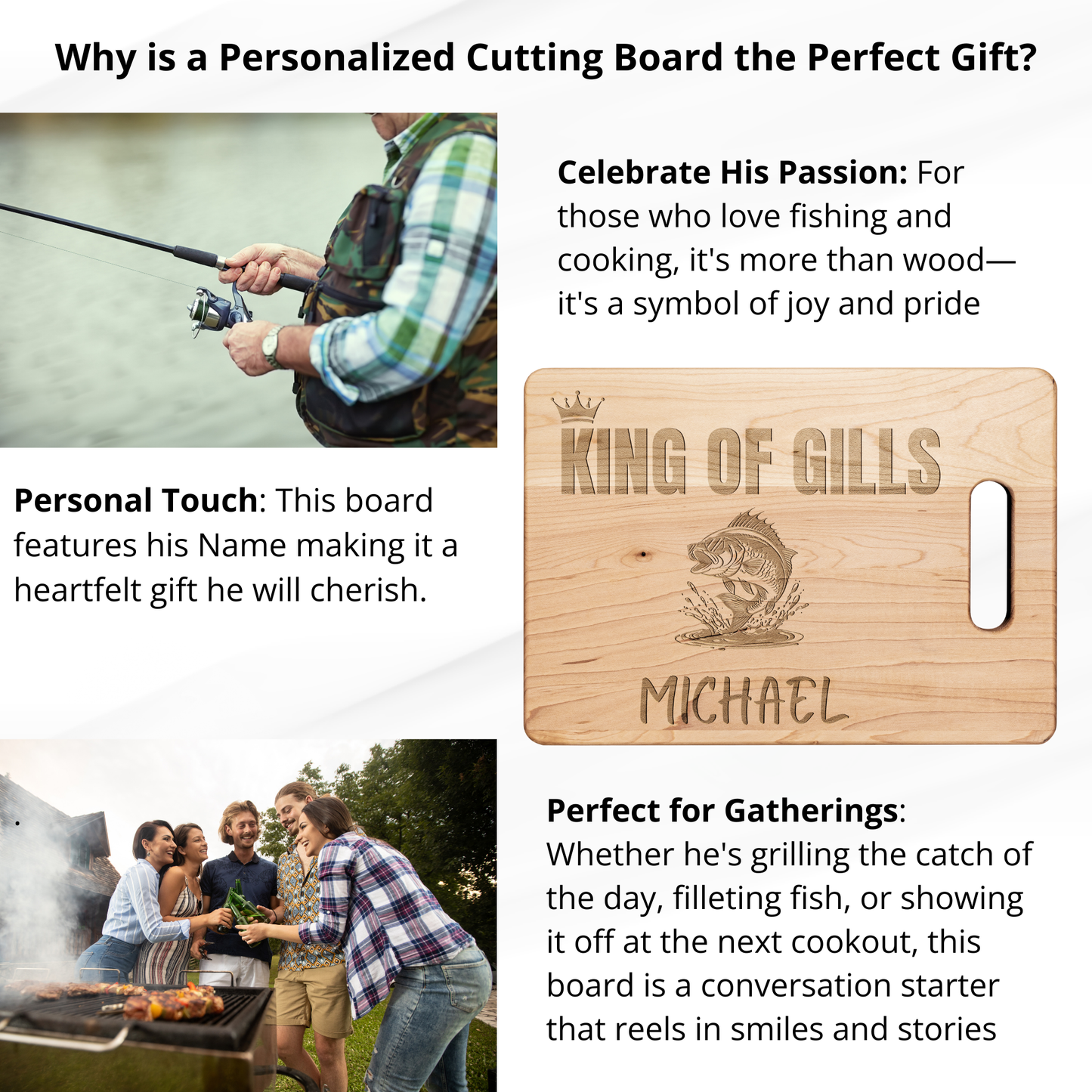 Personalized Fishing Cutting Board – King of the Gills Gift for Fisherman – Funny Maple Board for Dad, Grandpa, Husband, or Cook