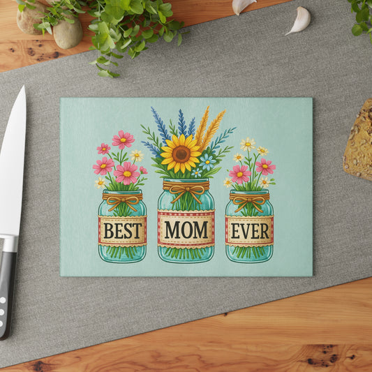 Best Mom Ever Glass Cutting Board - Colorful Floral Kitchen Decor