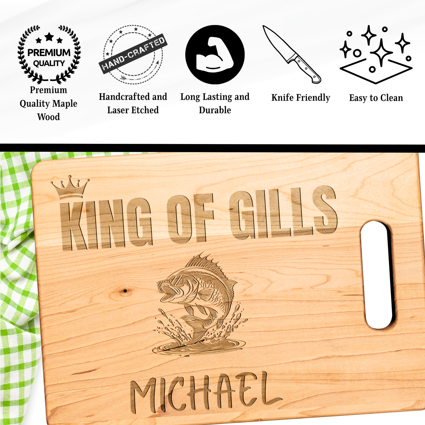 Personalized Fishing Cutting Board  – King of the Gills Gift for Fisherman – Funny Maple Board for Dad, Grandpa, Husband, or Cook
