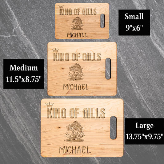 Personalized Fishing Cutting Board  – King of the Gills Gift for Fisherman – Funny Maple Board for Dad, Grandpa, Husband, or Cook
